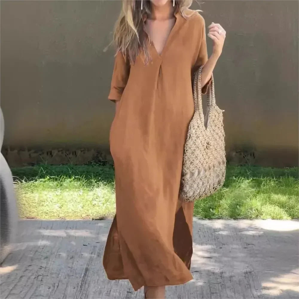 Robe longue décontractée Fiora de Danoir Paris en kaki, tissu fluide et confortable pour un style élégant décontracté.