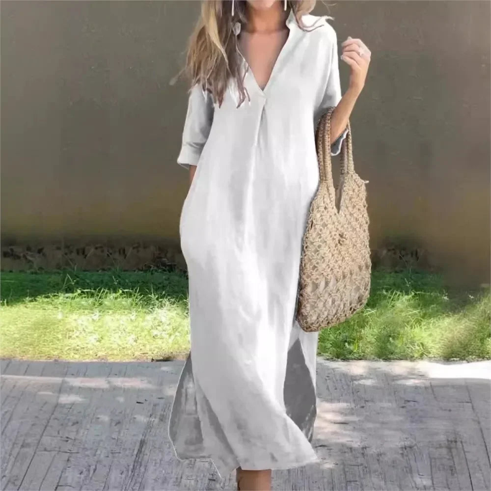 Robe longue décontractée Fiora de Danoir Paris en tissu kaki, élégante et confortable pour un look décontracté.