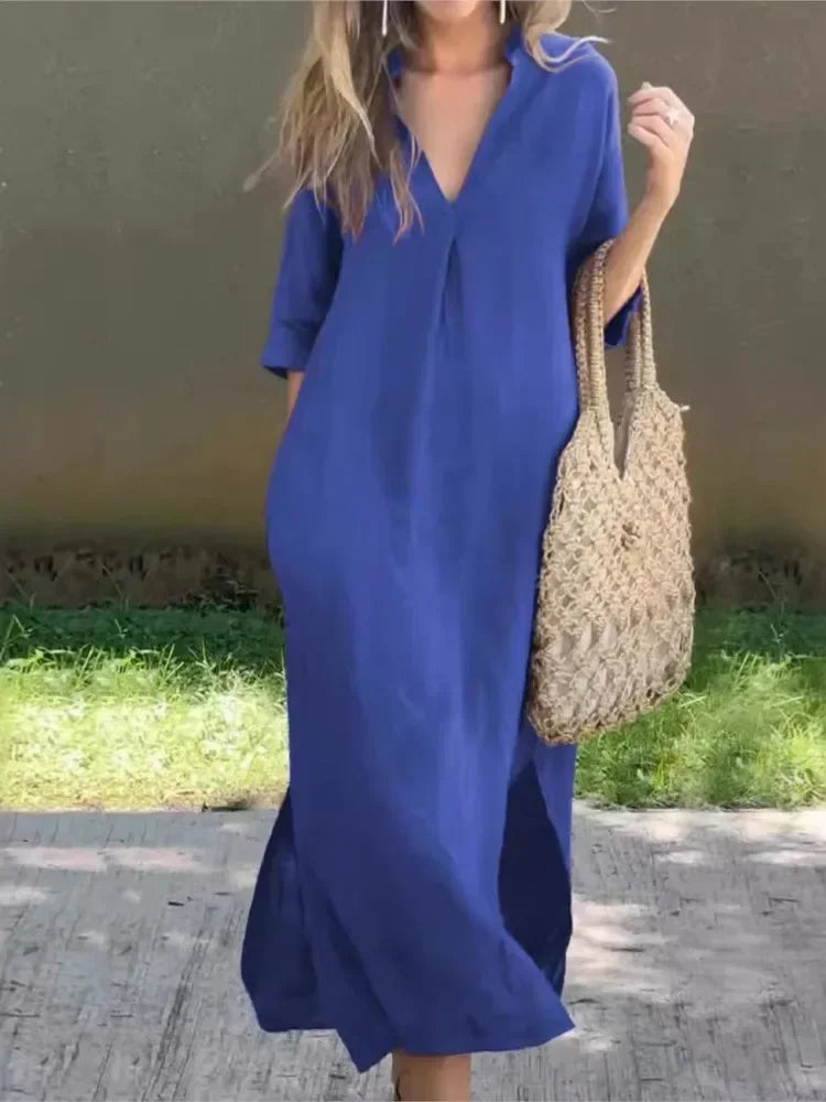 Robe longue décontractée Fiora de Danoir Paris en kaki, vue de face, tissu fluide et confortable pour un style décontracté.