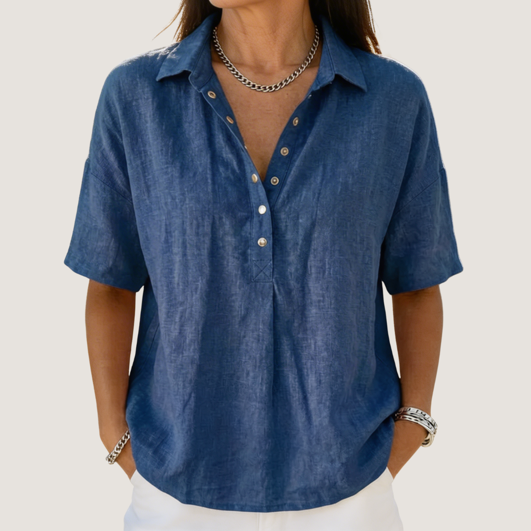 Blouse à col Hélène™ en kaki de Danoir Paris, vue de face, tissu léger et élégant, parfait pour un style chic et décontracté.