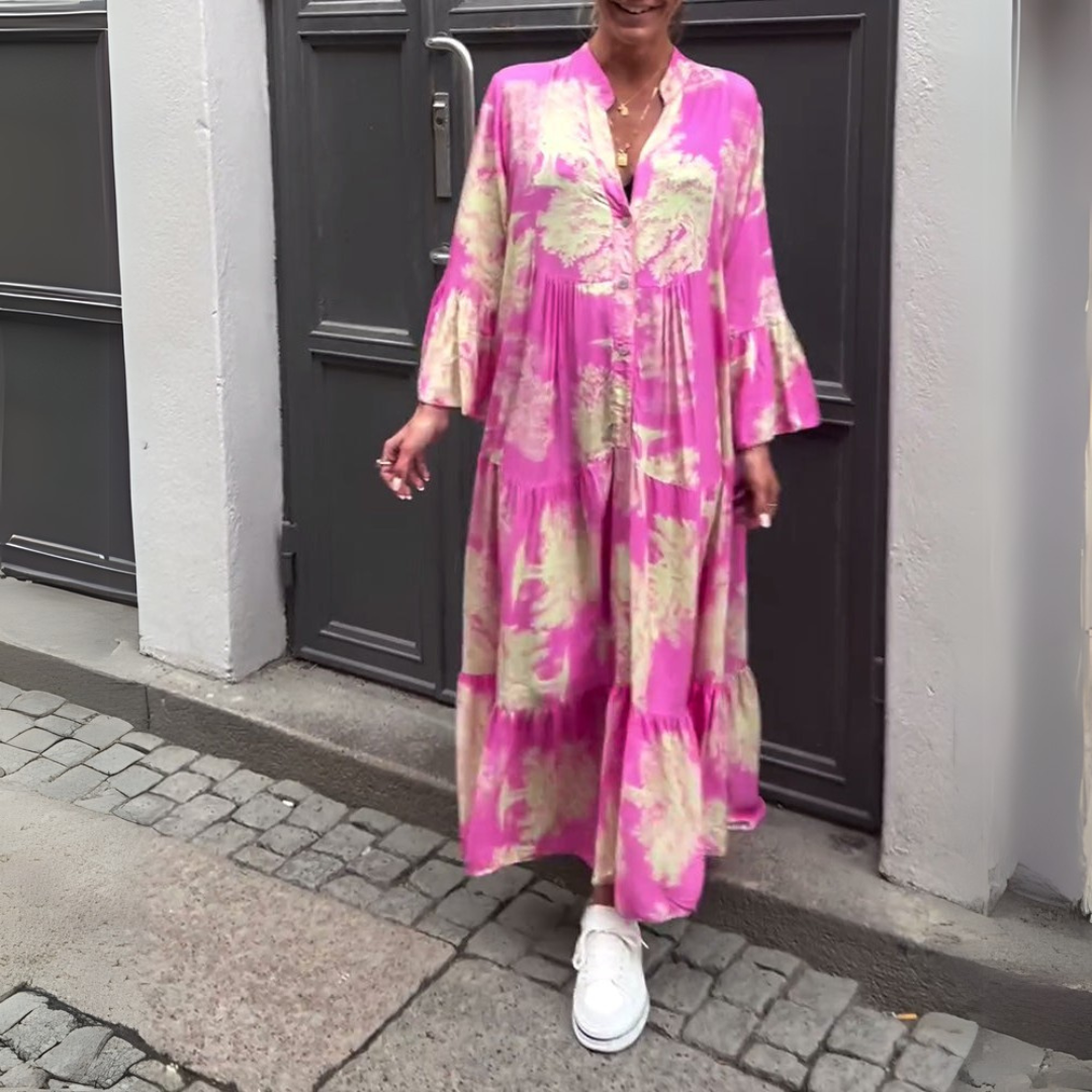 Robe maxi élégante Nerina de Danoir Paris en kaki, vue de face avec détails fluides et finition sophistiquée.