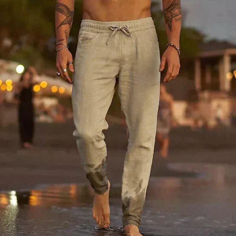 Pantalons de plage en lin Danoir Paris couleur kaki, coupe fluide, pour homme ou femme, parfaits pour l'été.