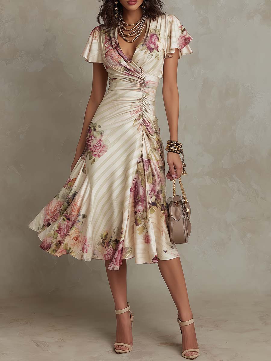 Robe midi en satin à motifs floraux élégants et rétro de la marque Danoir Paris, couleur marfil.