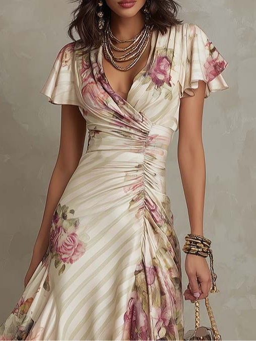 Robe midi en satin floral élégante et rétro Danoir Paris, couleur marfil, portée avec détails sophistiqués.