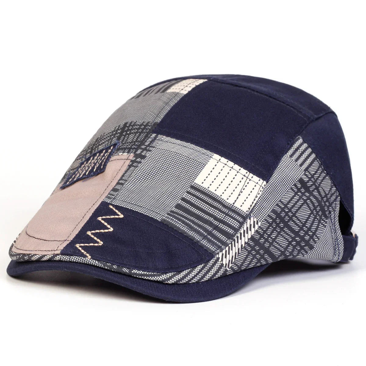 Chapeau pour homme Bloom™ Patchwork de Danoir Paris, en tissu marine avec motif patchwork, vue de face.