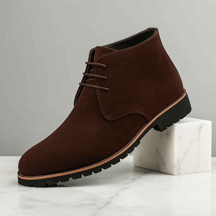 Chaussures chukka pour homme Danoir Paris en cuir marron, semelle en caoutchouc, style élégant et décontracté.