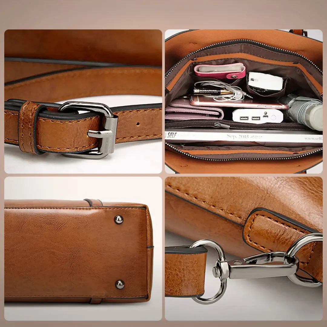 Sac à main en cuir marron de luxe Blythe par Danoir Paris, élégance intemporelle avec détails raffinés.