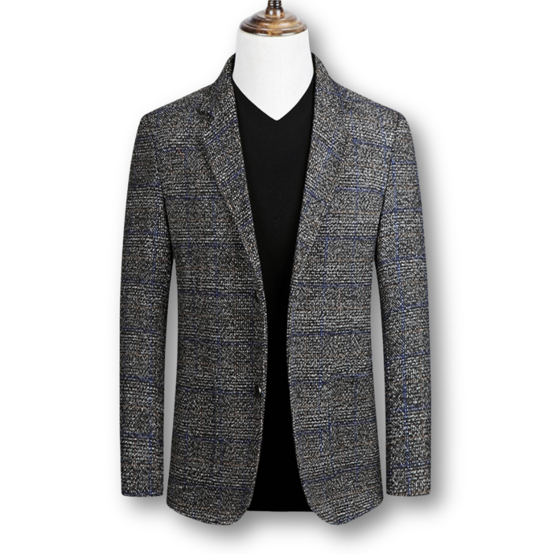 Blazer élégant en tissu écossais marron de Danoir Paris, veste chic pour homme ou femme.