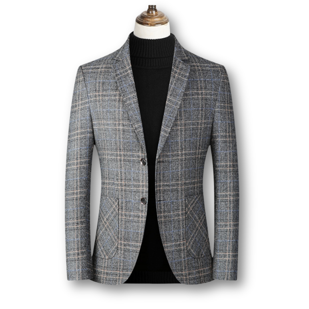 Blazer élégant en tissu écossais marron de Danoir Paris, style chic et sophistiqué pour homme.