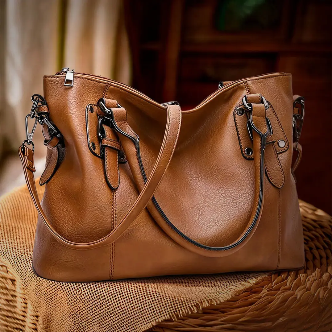 Sac à bandoulière marron Danoir Paris Elowen, sac chic et élégant avec poignées et détails sophistiqués.