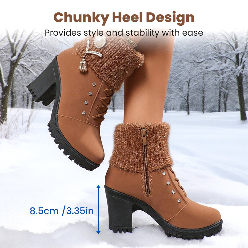 Bottines femme Danoir Paris marron à talon épais, doublure en fausse fourrure, semelle antidérapante, style élégant.