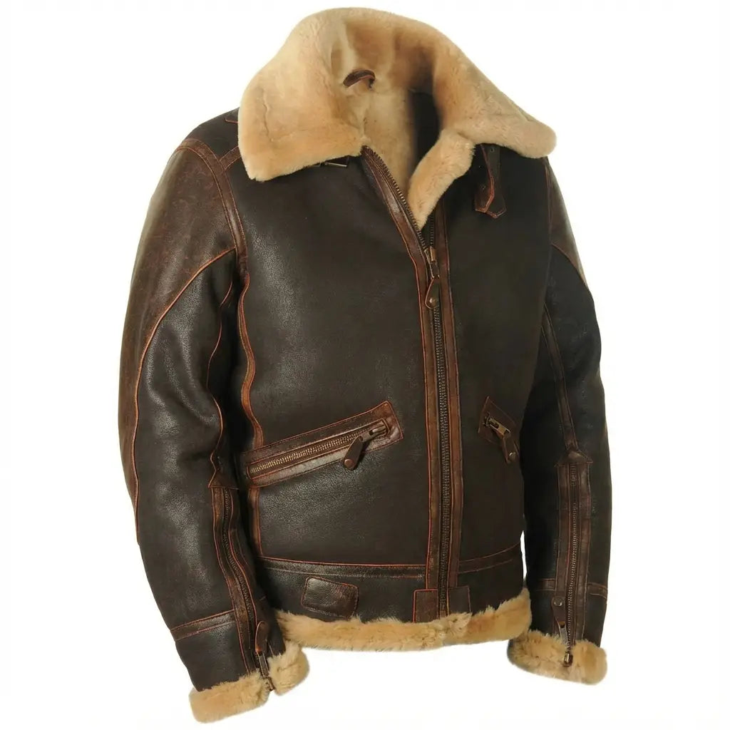 Blouson aviateur classique Danoir Paris en cuir marron foncé avec doublure intérieure visible, style élégant et intemporel.