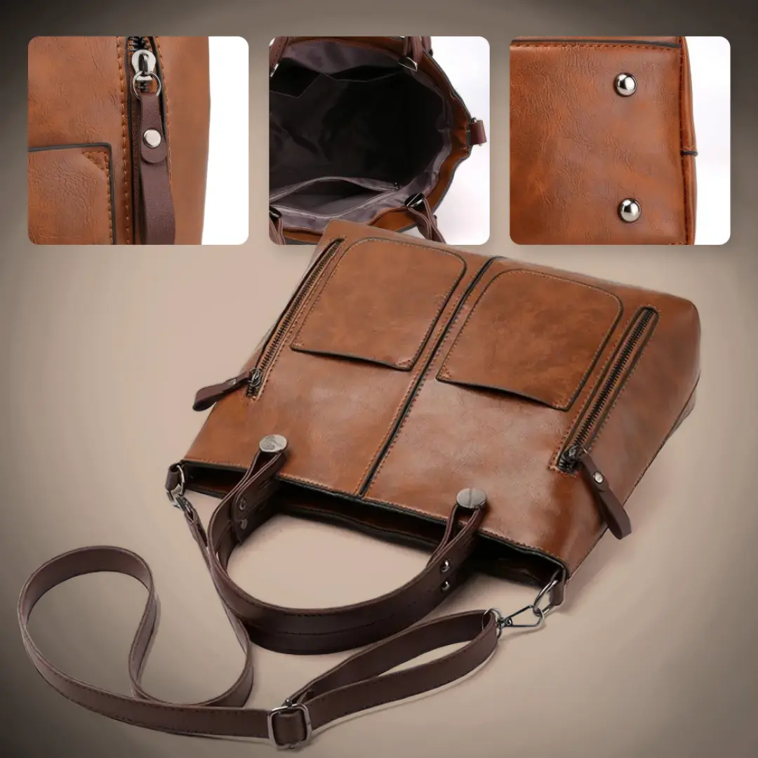 Sac à bandoulière classique Lilia de Danoir Paris en cuir marron, vue détaillée du produit.