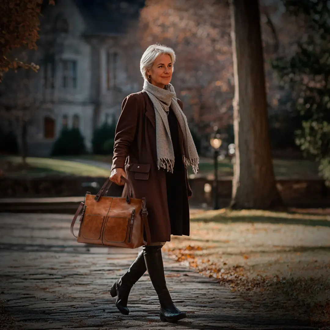 Sac à bandoulière classique Lilia en cuir marron de Danoir Paris, avec poignées élégantes et finition soignée.