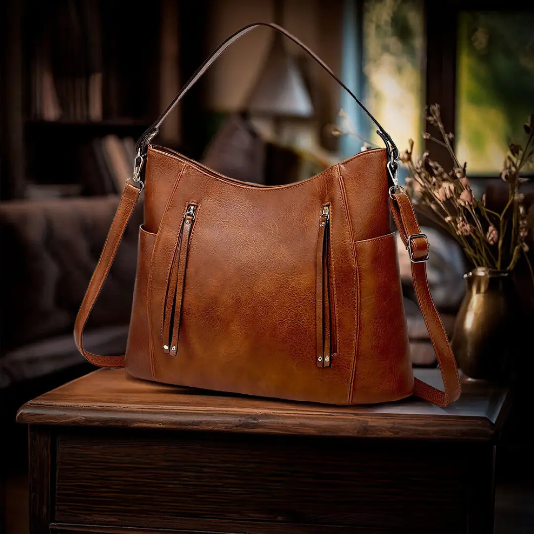 Sac Lylia de Danoir Paris en marron, élégant sac à main en cuir avec poignée et fermeture métallique.