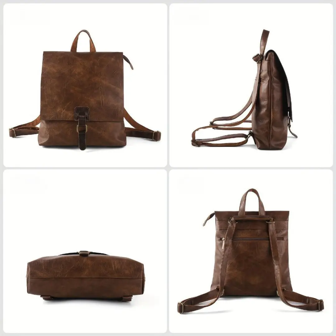 Sac à dos Danoir Paris Nina, style vintage, en cuir marron, avec poches et bretelles réglables, idéal pour un look élégant.