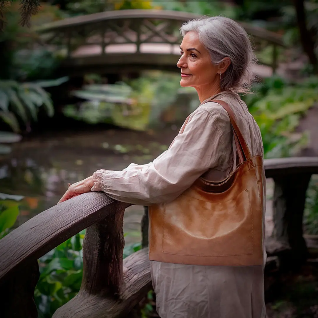 Sac à bandoulière Danoir Paris Ringelblume en matériau doux marron, élégant sac de luxe avec design raffiné et finition soignée.