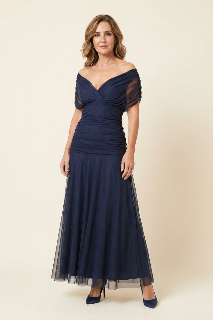 Robe longue en tulle drapée Carlota™ de Danoir Paris, couleur marron, avec un design élégant et fluide.