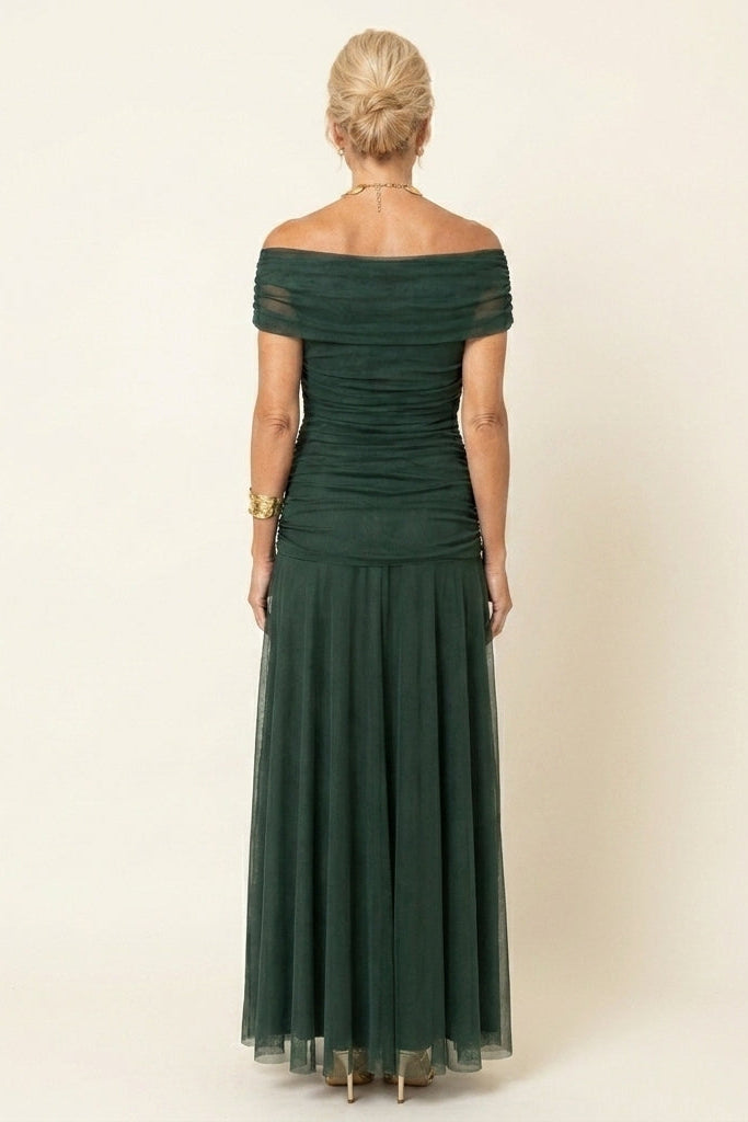 Robe longue drapée en tulle marron Carlota™ de Danoir Paris, vue de face avec détails élégants et finition fluide.