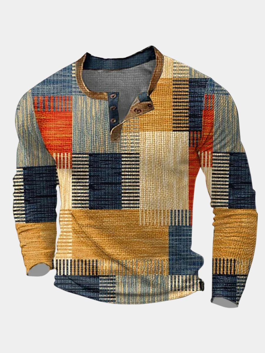 Chemise patchwork colorée pour homme de Danoir Paris, tissu marron avec motifs variés, style décontracté et moderne.