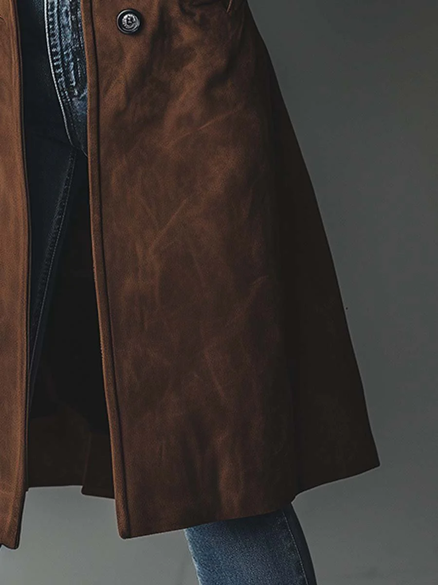 Trench-coat en daim marron Danoir Paris, style vintage, avec col et ceinture, pour un look élégant et classique.