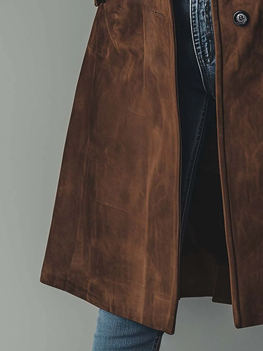 Trench-coat en daim marron vintage de Danoir Paris, style élégant et classique, avec col et boutons visibles.