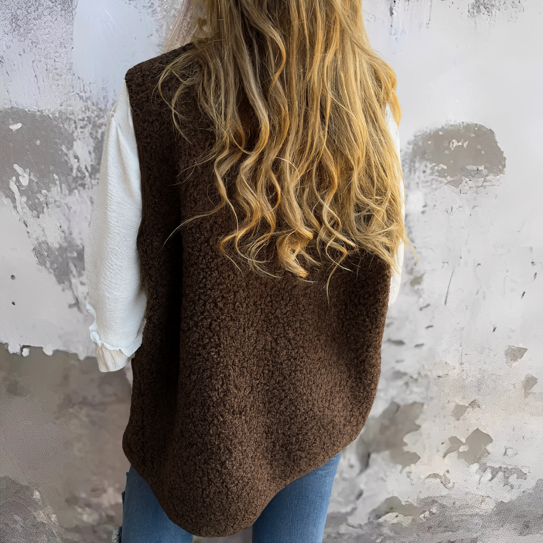 Gilet doux d'automne Ebba de Danoir Paris en marron, prêt à porter avec détails confortables et tissu chaud.