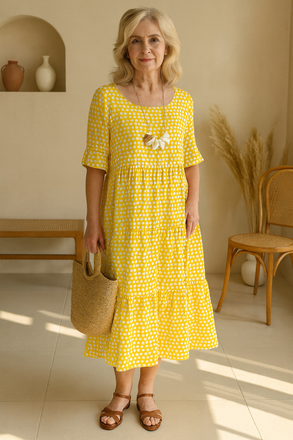 Robe midi fluide élégante Noémie™ de Danoir Paris en tissu naturel marron, vue en détail sur le produit.