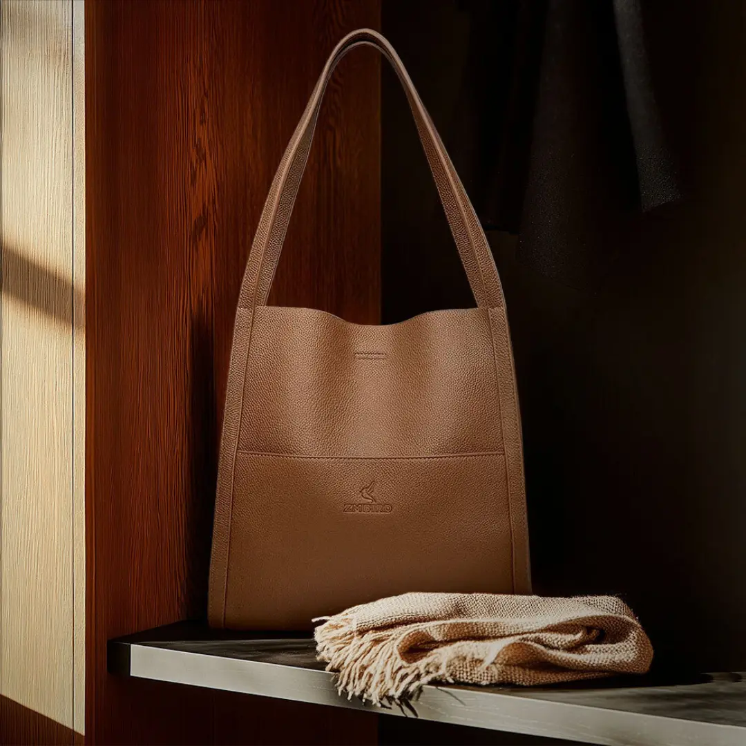 Sac à main de luxe Talia en cuir souple marron de Danoir Paris, avec poignées et détails élégants.