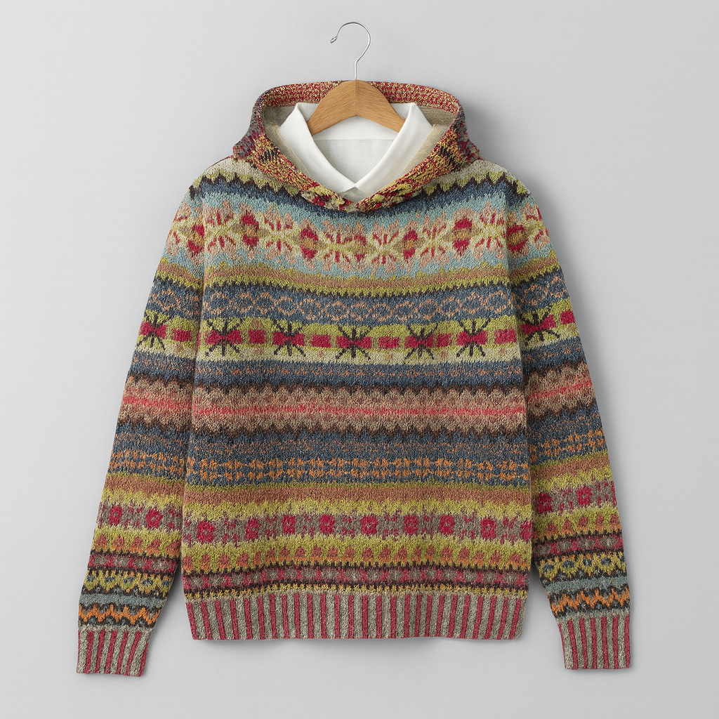 Sweat ethnique chic Julliet de Danoir Paris en marron, détail de motifs et coupe tendance, vue de face.