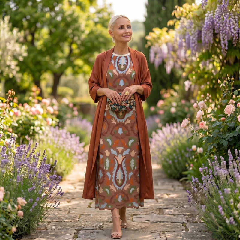 Robe longue imprimée Daniela de Danoir Paris avec gilet coordonné, tissu marron et motif floral élégant.