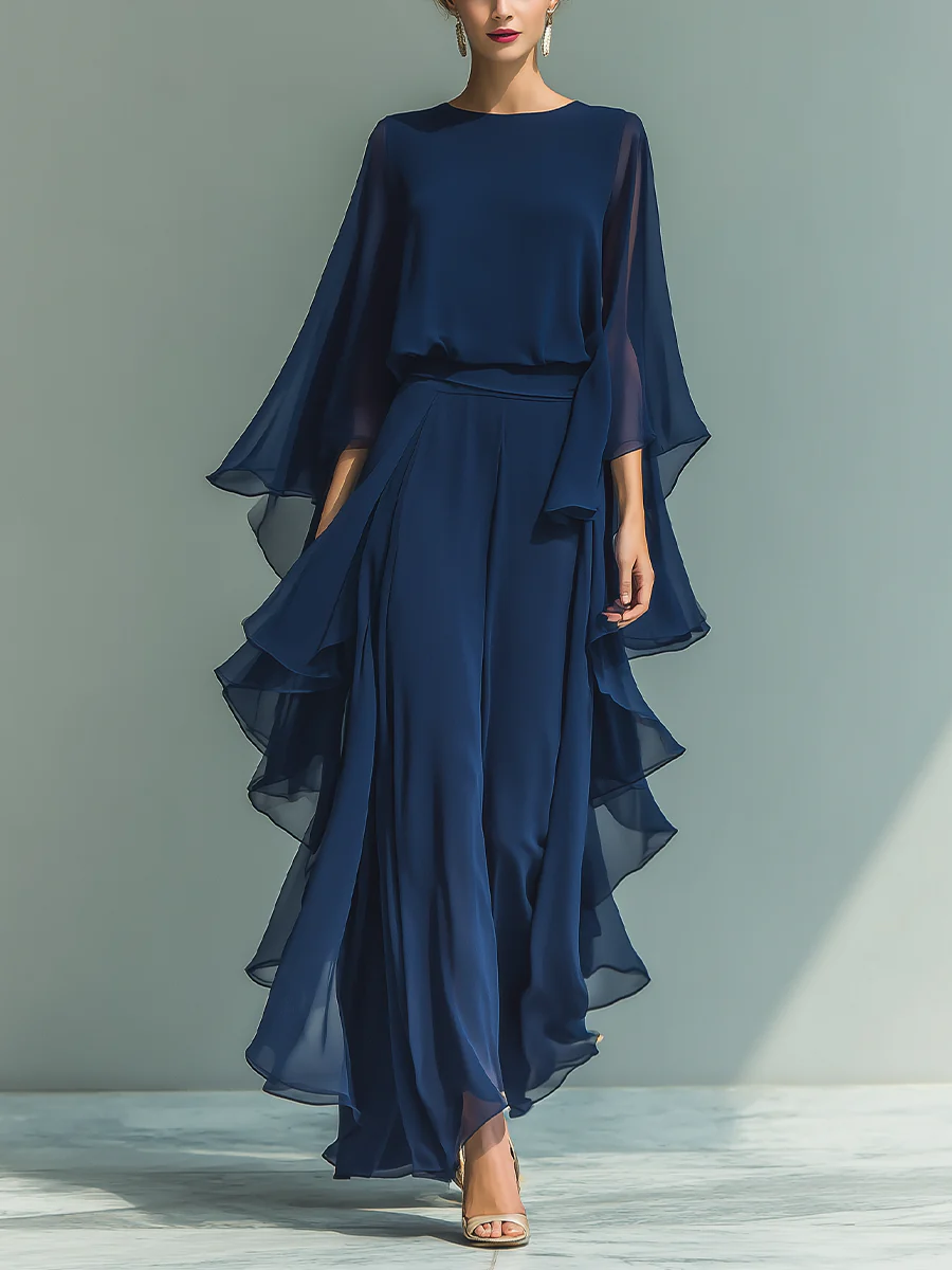 Ensemble assorti Aurora de Danoir Paris, complet élégant en chiffon avec volants, couleur bleu, taille XS, vue de face