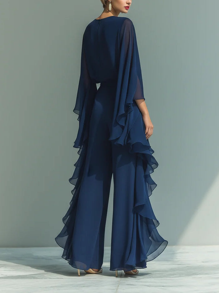 Ensemble assorti Aurora Danoir Paris en chiffon élégant avec volants, couleur bleu, taille XS, look sophistiqué et féminin.