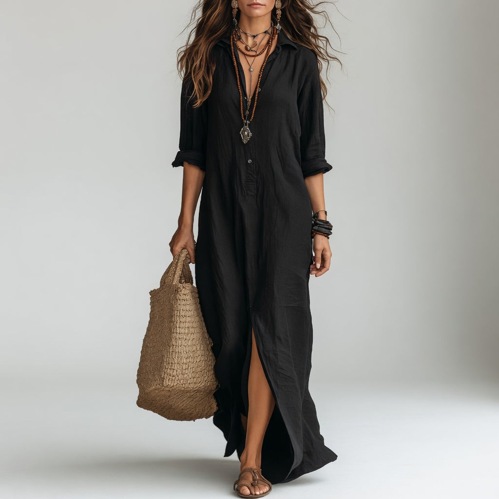 Robe longue chemise bohème Violaine™ de Danoir Paris, maxi dress noire élégante avec style naturel et décontracté.