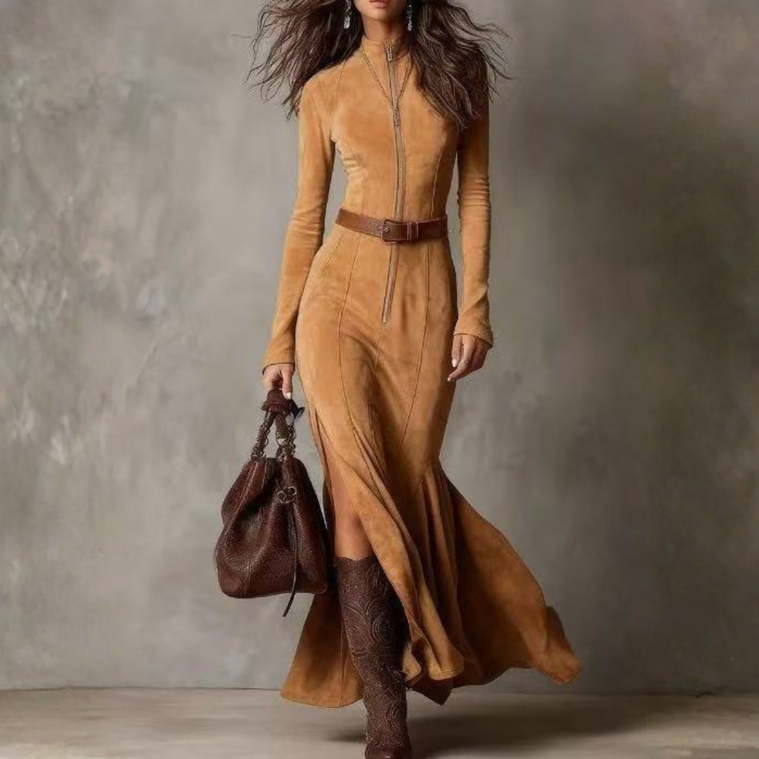 Robe longue en daim vert olive Alessia par Danoir Paris, maxi dress élégante avec coupe fluide et détails subtils.