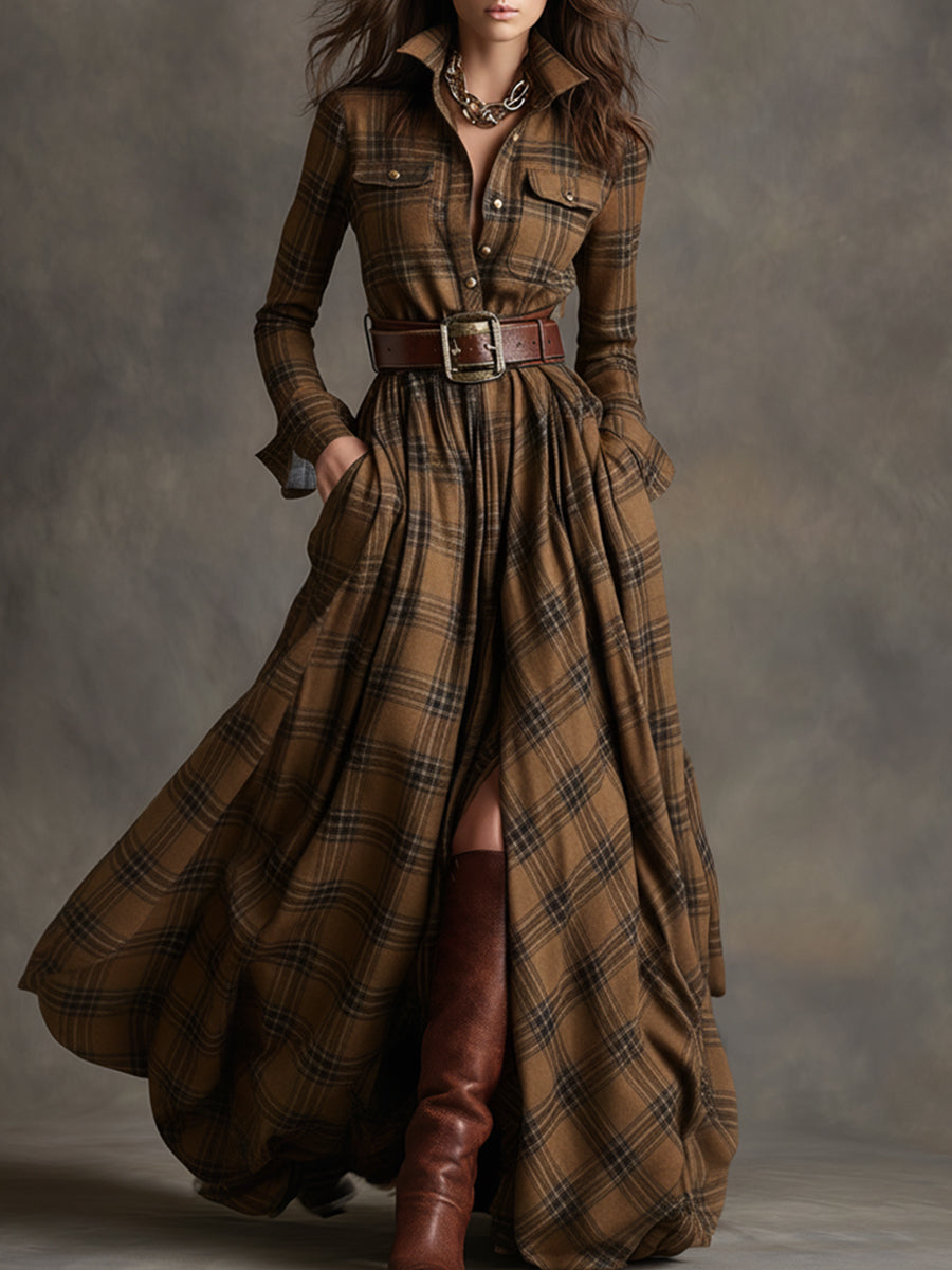 Robe maxi à carreaux marron foncé Giulietta de Danoir Paris, avec ceinture et style chemise élégante.