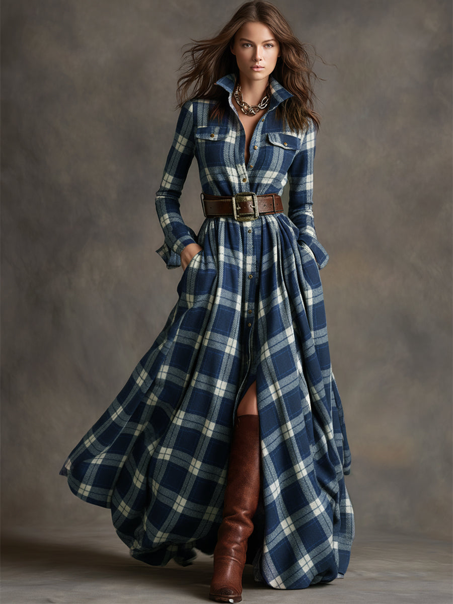 Robe maxi à carreaux marron foncé de Danoir Paris, style chemise avec ceinture, pour femme élégante et décontractée.