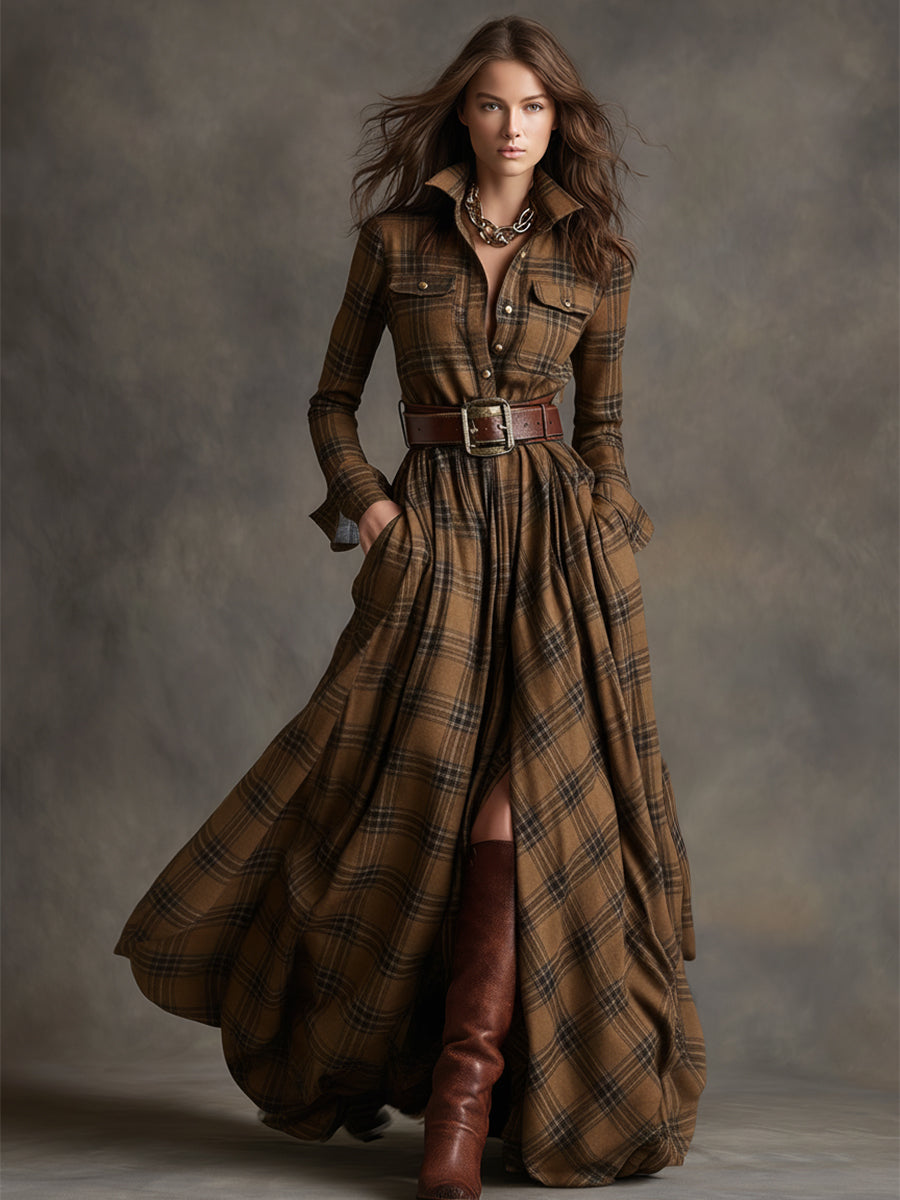 Robe longue à carreaux marron foncé Danoir Paris, style chemise avec ceinture, coupe maxi élégante et décontractée.