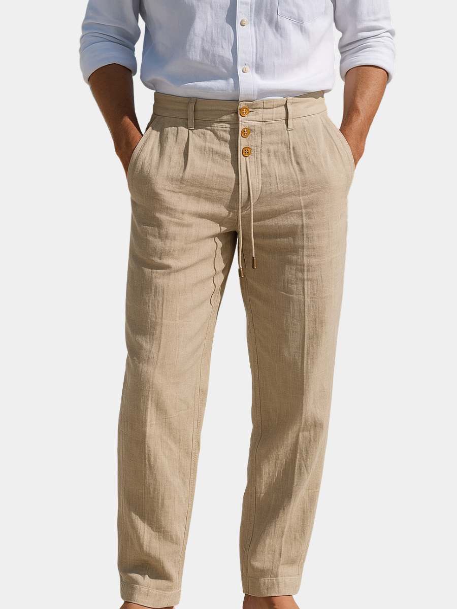 Pantalon d'été en lin léger pour homme Danoir Paris, couleur kaki, style décontracté et confortable.