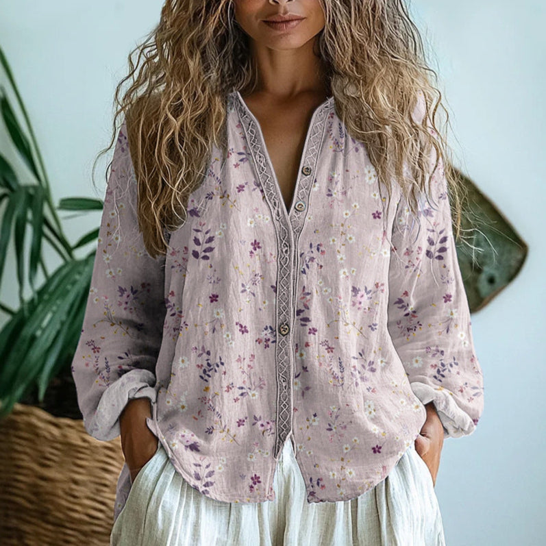 Chemise élégante vintage Danoir Paris Brianna avec imprimé floral coloré, manches longues et coupe sophistiquée.