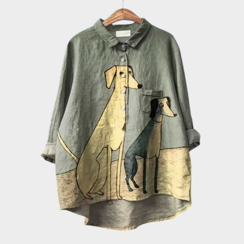 Blouse d'été élégante en lin Constance de Danoir Paris, avec motif floral léger et manches courtes.