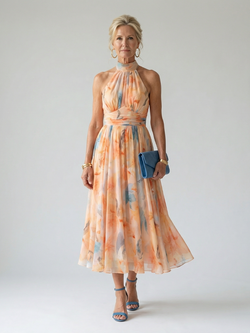 Robe midi douce à col halter Danoir Paris Elin, multicolore, tissu léger et élégant, portée décontractée ou sophistiquée.