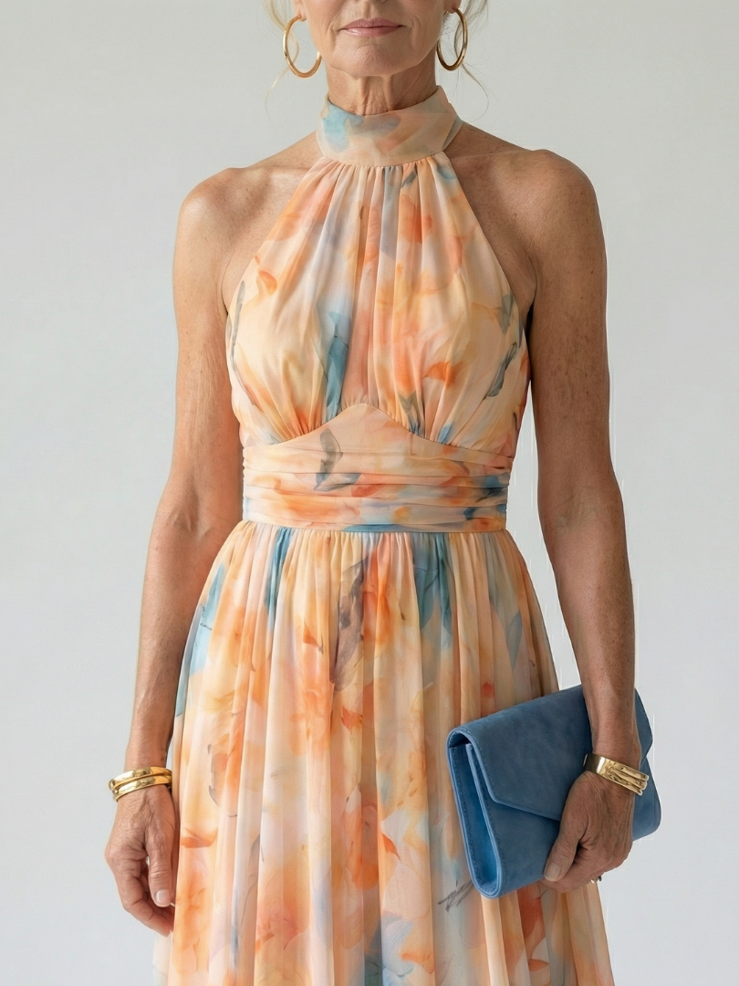 Robe midi douce à encolure halter multicolore Danoir Paris, vêtement élégant pour femmes.