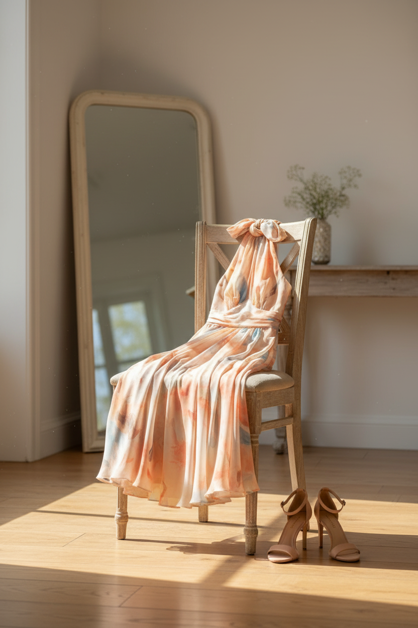 Robe à col halter Esther™ de Danoir Paris, multicolore, avec design élégant et tissu fluide visible sur l'image.