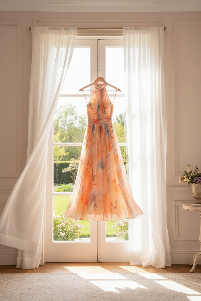 Robe à col halter Esther™ de Danoir Paris, multicolore, élégante et fluide, portée sur mannequin avec détails de tissu coloré.
