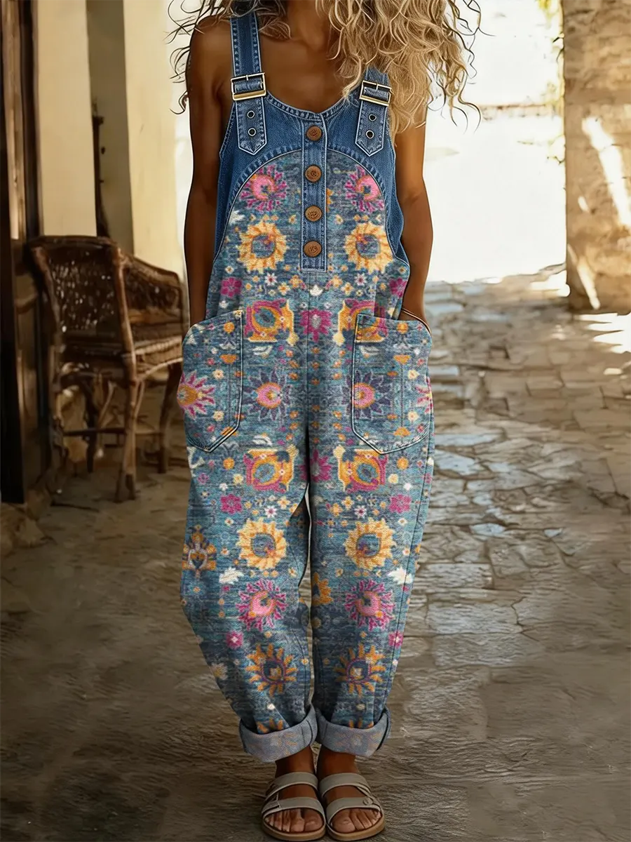 Salopette en denim patchwork Faye de Danoir Paris avec imprimé floral multicolore, vue en gros plan.