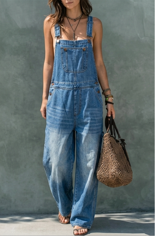 Combinaison en jean multicolore Danoir Paris Harper avec taille élastique, coupe décontractée et détails colorés.