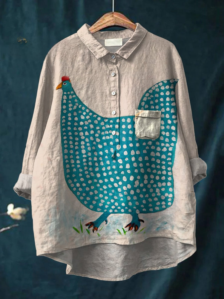 Chemise pour femme Danoir Paris Henrietta à pois multicolores avec motif poule ludique, tissu léger et coloré.