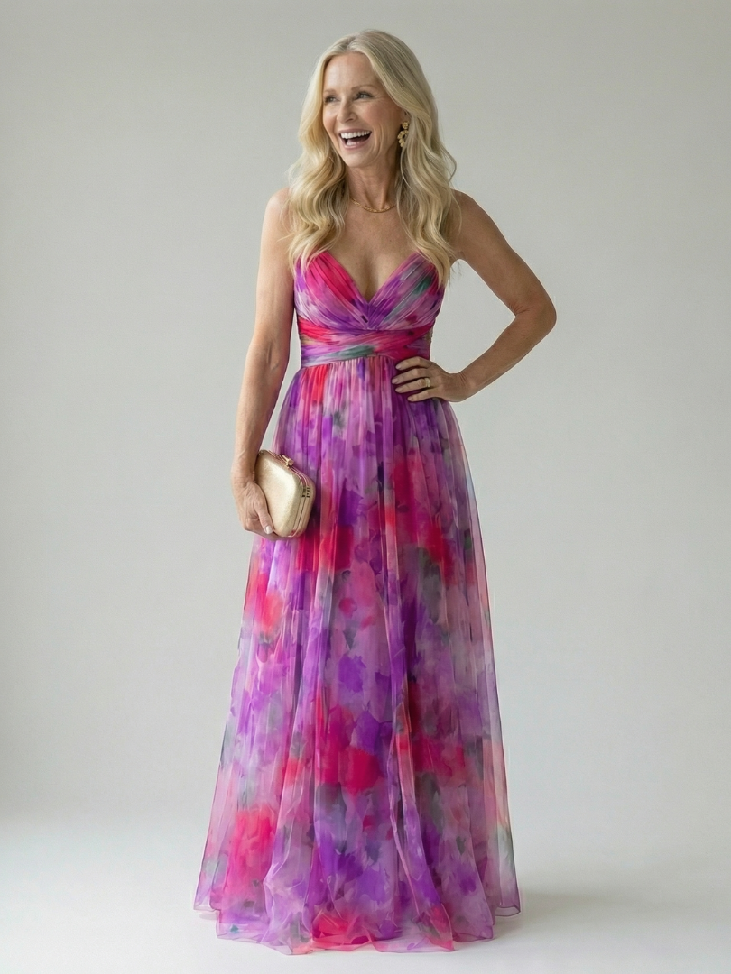 Robe longue maxi douce Isel de Danoir Paris, modèle wrap multicolore avec tissu fluide et élégant.