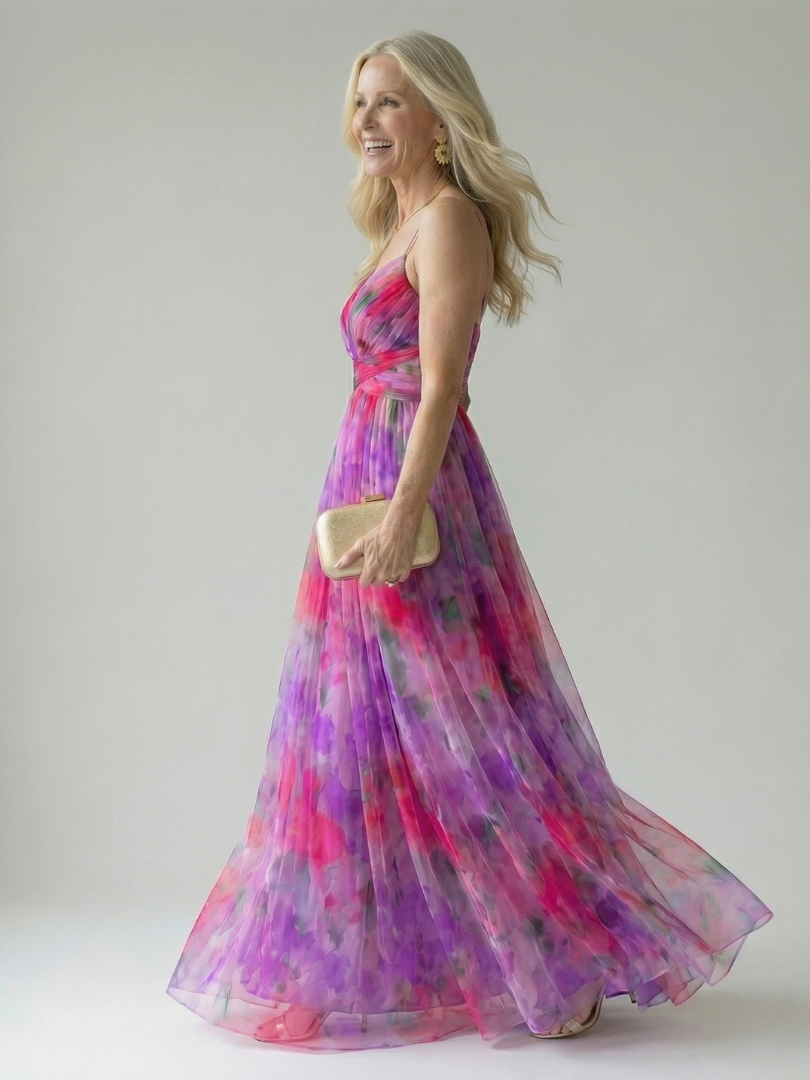 Robe longue maxi Danoir Paris Isel, en tissu multicolore avec ceinture douce et style wrap élégant, vue de face.